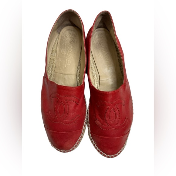Authentic Chanel Red Lambskin Leather CC Logo Espadrille size 37,l - Picture 7 of 16